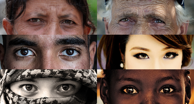 Several photographs of peoples’ eyes are shown. The faces are representative of different cultures.