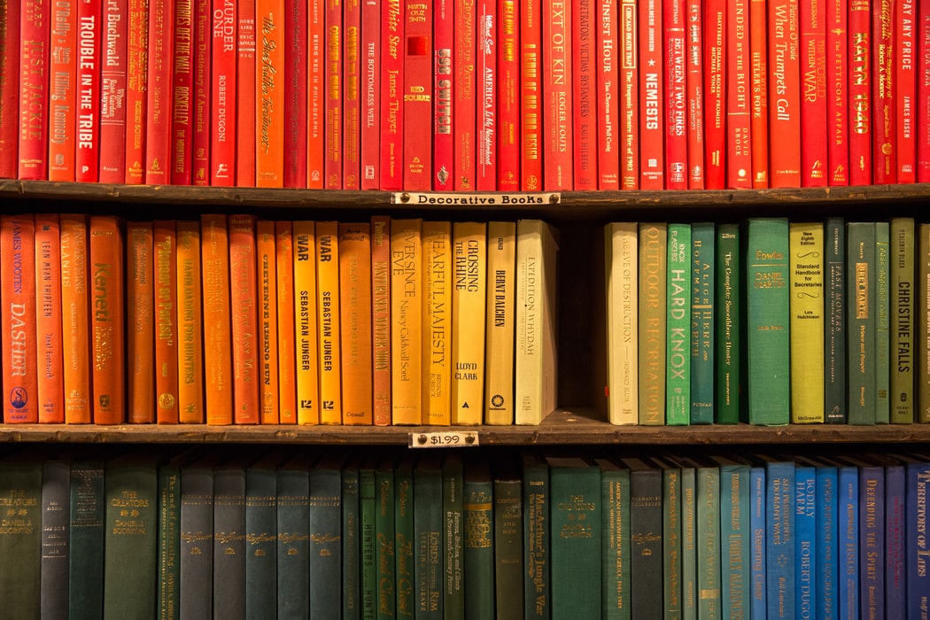bookshelf with books organized by color