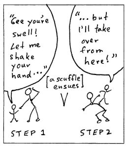 Strategy 4: Leapfrogging: Step 1: a small stick figure holds the hand of a larger stick figure. A speech bubble above the small stick figure says "Gee you're swell! Let me shake your hand …". [a scuffle ensues] Step 2: the small stick figure stands on the shoulder of the larger stick figure. A speech bubble above the small stick figure says "…but I'll take over from here!".