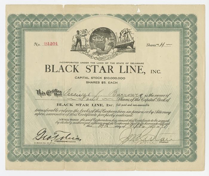 Stock certificate issued to Percival L. Burrows for four shares of stock in the Black Star Line, Inc. on September 14, 1920.