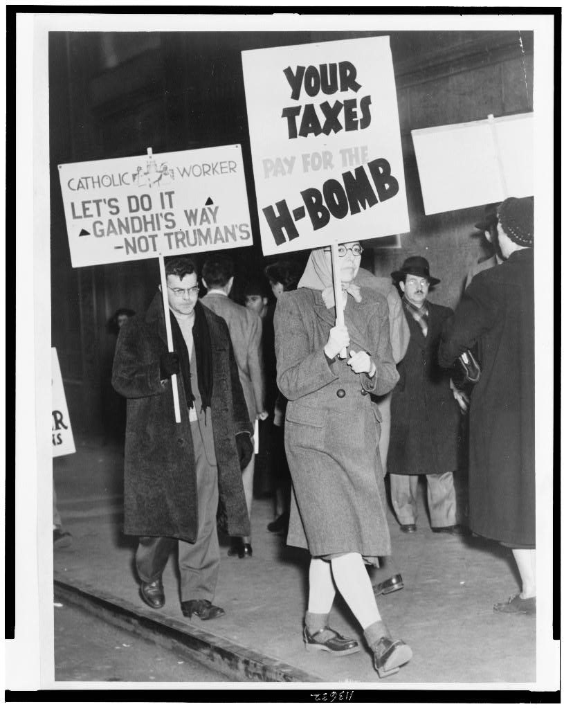 picket line protesting the use of tax dollars to pay for developing the hydrogen bomb