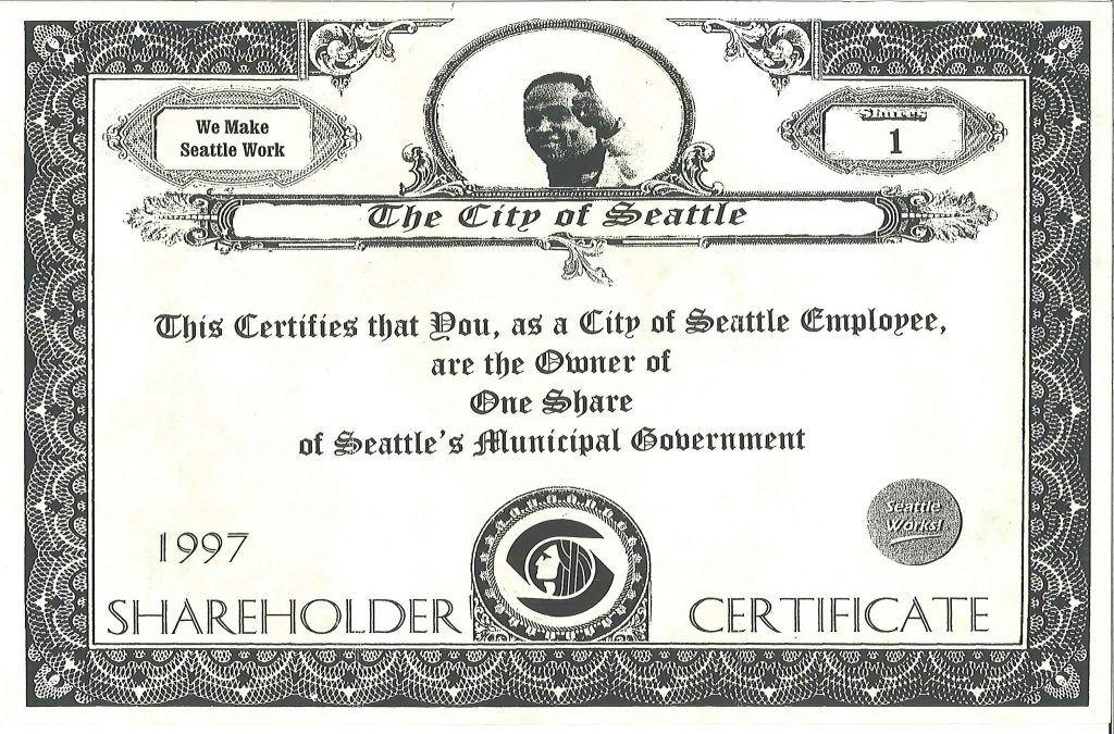 stock certificate for an employee of Seattle government