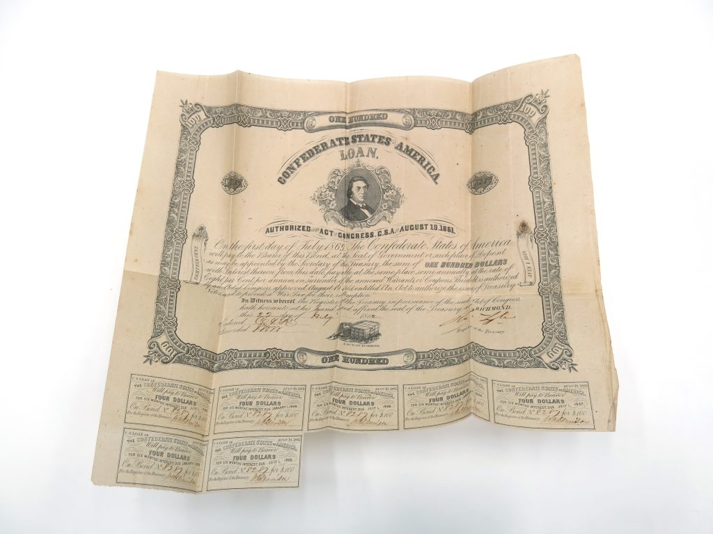 $100 bond issued by Confederate States in 1867, with coupons attached.