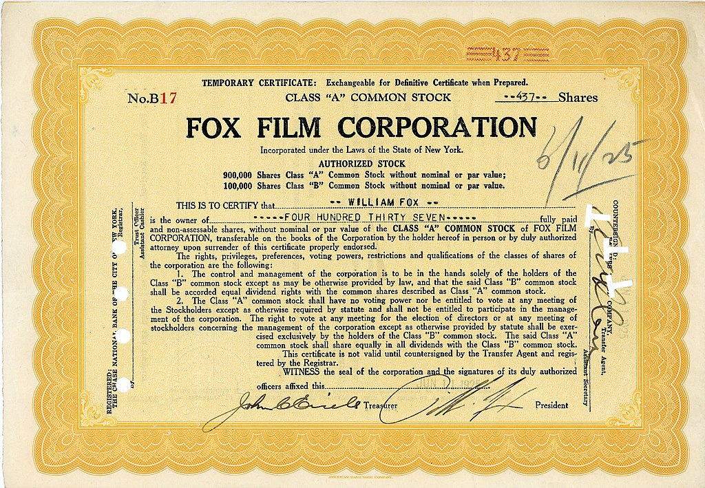 Stock certificate from Fox films, for stock issued to president of corporation