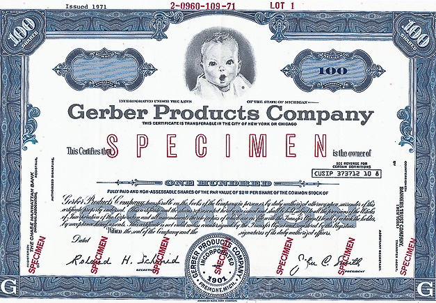 stock certificate, Gerber (baby products)