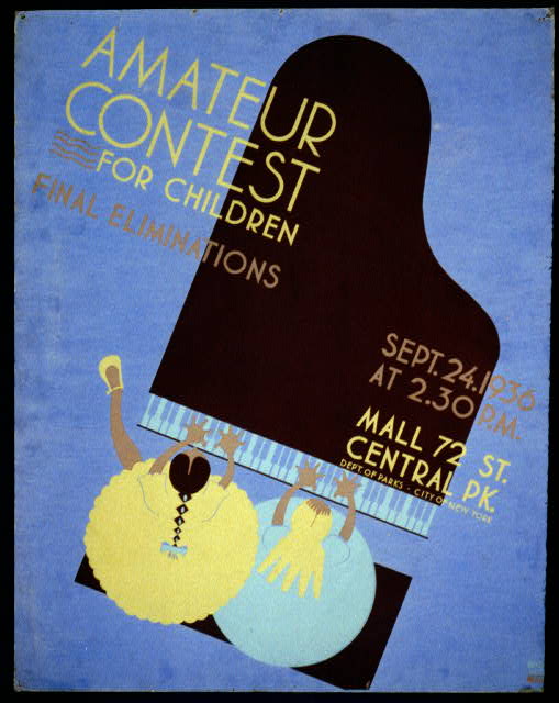 poster shows two kids playing paino and advertises an amateur contest sponsored by the WPA