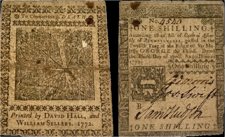 front and back of a one shilling note printed in Pennsylvania, 1772