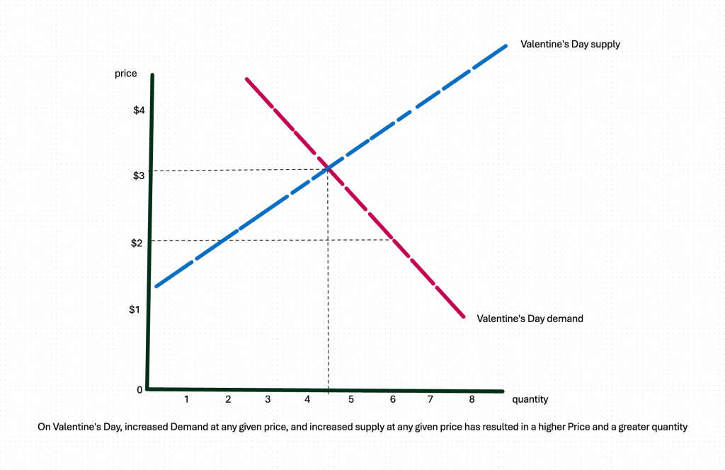 with more demand at any given price and more supply at any given price, our Valentine's Day equilibrium is at a higher price and a greater quantity