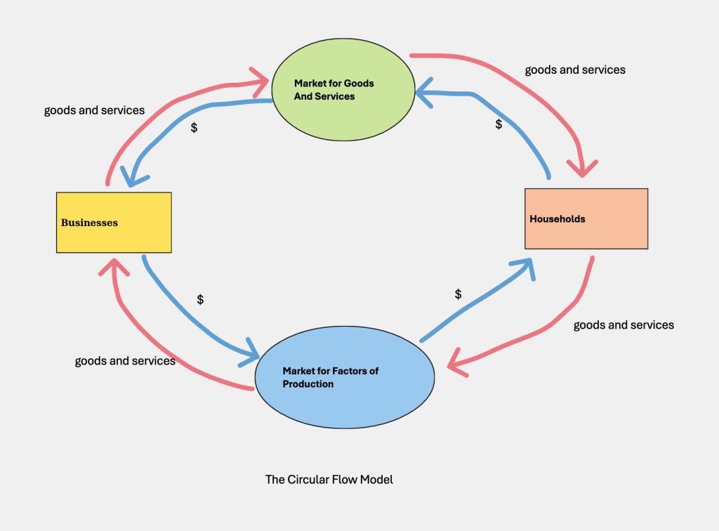 shows the flow of real goods and services and the opposite money flow between business, the market for goods and services, the households, and the market for factors of production