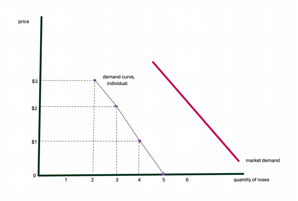 2 downward sloping curves: indivisual demand and to the right, market demand