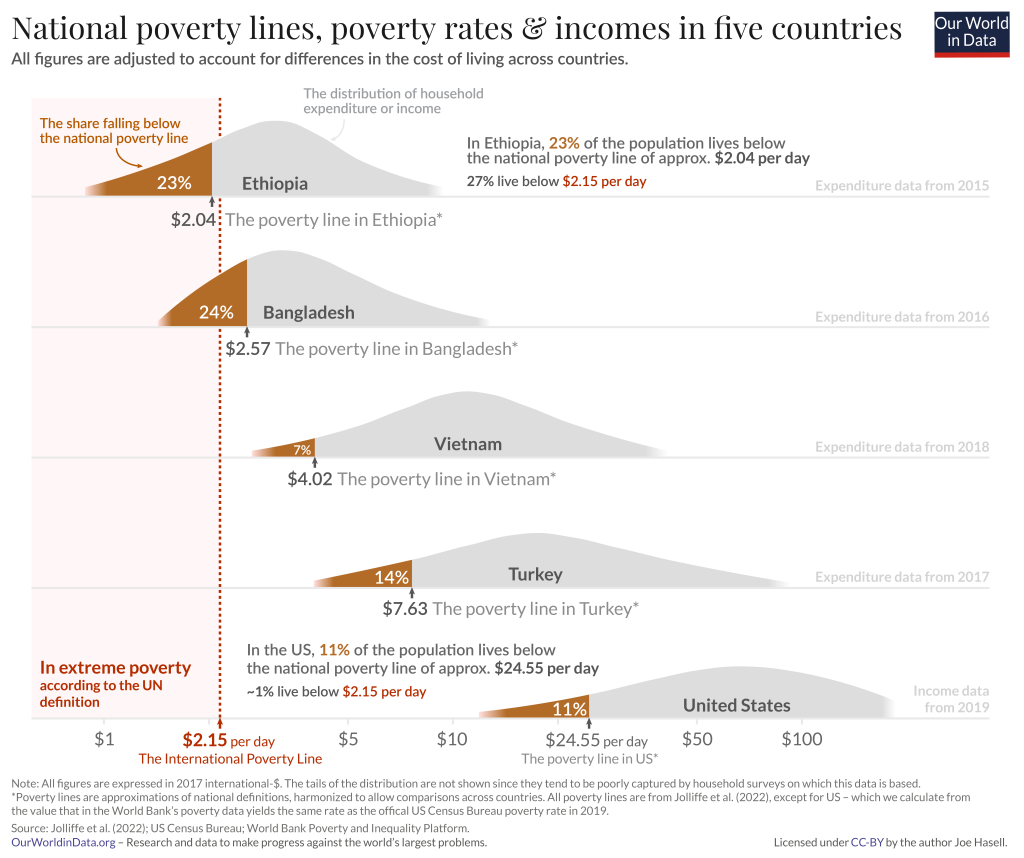 A visualisation of % of people living below the poverty line (in order of severity): Ethiopia, Bangladesh, Vietnam, Turkey and the U.S.