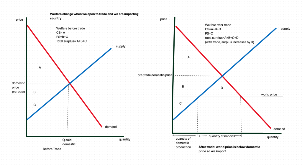 when a country opens to trade and the world price is below the domestic price, the country imports. This increases total surplus, increases consumer surplus, but decreases producer surplus