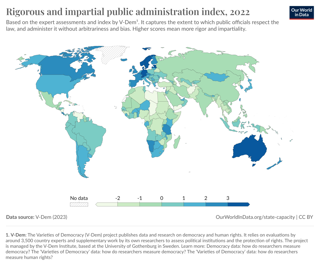 a world map showing where there's a lot of respect for the rule of law by public officials (Sweden, Australia, Canada) and where there's very little (Libya, Chad, Venezuela)