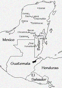 Map showing 14 Mayan settlements in the Yucatan peninsula, mostly in Mexico.