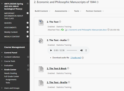 A screenshot of Blackboard learning management system shows an uploaded Word document titled &quot;Economic and Philosophic Manuscrupts of 1844.&quot; The document has been made available as an audio file, an ebook, and as braille.