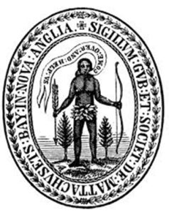 Seal of the Massachusetts Bay colony with a native American. The image of the Native American includes the words "Come Over and Help Us"