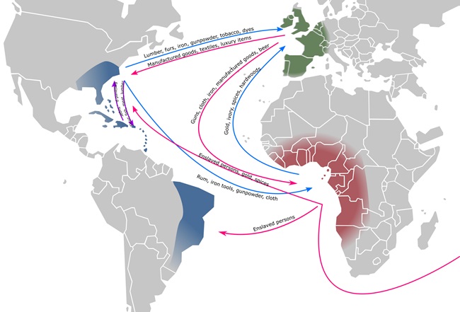 Map of the triangular trade in the Atlantic between European powers and their colonies in West Africa and the Americas.