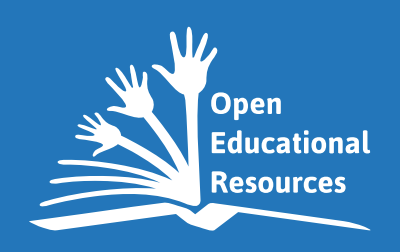 Icon representing UNESCO Open Educational Resources. Blue rectangle with open book, each page represents a raising hand. 