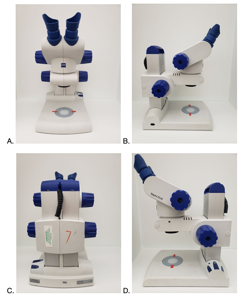 Picture A, view of a microscope with the eyepieces in front; B, side view with the eyepieces on the right; C, view with the eyepieces in back; D, side view with the eyepieces on the left