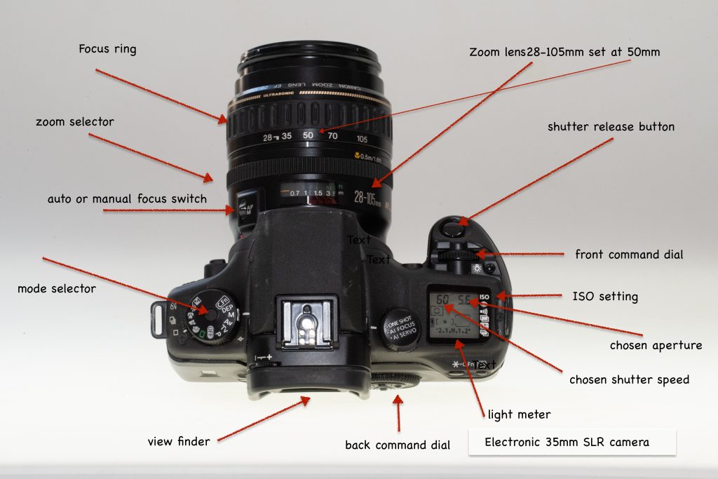 clockwise starting at top left: focus ring, zoom lens 28 - 105 mm set at 50 mm, shutter release button, front command dial, ISO setting, chosen shutter speed, light meter, back command dial, view finder, mode selector, auto or manual focus switch, zoom selector