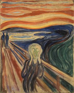 A person with a pale green face and hollow eyes presses their hands against their cheeks while they appear to scream; the landscape is abstract, painted with bold colors in swirling strokes