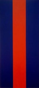 a painting featuring a wide vertical red stripe in the center of a royal blue field