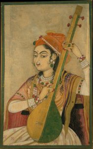 A painting of a lady playing an Indian string instrument