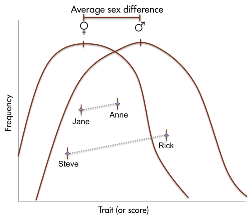 Chart of the average sex difference: Frequency vs. Trait. (or score)