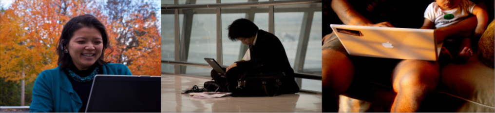 A collage of three color photographs is shown. From left to right appear a person in front of a laptop computer sitting outdoors, a person sitting on the floor with a laptop, and a person sitting on the couch with a small child and a laptop.