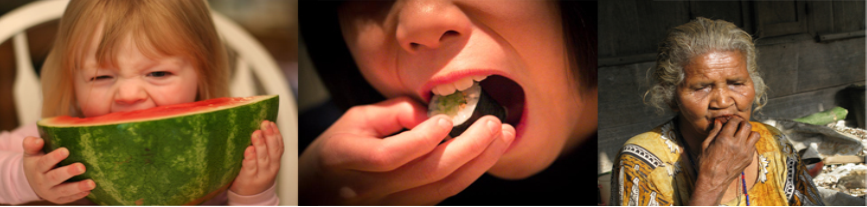 Photograph “left” shows a child eating watermelon. Photograph “center” shows a young person eating sushi. Photograph “right” shows an elderly person eating food.