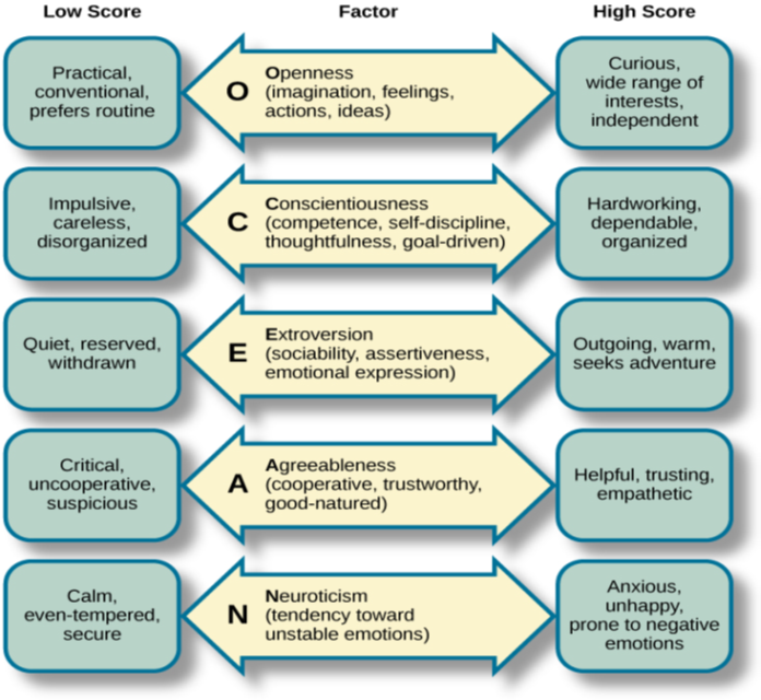 A diagram includes five vertically stacked arrows, which point to the left and right. A dimension's first letter, name, and description are included inside of each arrow. A box to the left of each arrow includes factors associated with a low score for that arrow's dimension. A box to the right of each arrow includes factors associated with a high score for that arrow's dimension. The top arrow includes the factor “openness,” which is described with the words, “imagination,” “feelings,” “actions,” and “ideas.” The box to the left of that arrow includes the words, “practical,” “conventional,” and “prefers routine,” while the box to the right of that arrow includes the words, “curious,” “wide range of interests,” and “independent.” The next arrow includes the factor “conscientiousness,” which is described with the words, “competence,” “self-discipline,” “thoughtfulness,” and “goal-driven.” The box to the left of that arrow includes the words, “impulsive,” “careless,” and “disorganized,” while the box to the right of that arrow includes the words, “hardworking,” “dependable,” and “organized.” The next arrow includes the factor “extroversion,” which is described with the words, “sociability,” “assertiveness,” and “emotional expression.” The box to the left of that arrow includes the words, “quiet,” “reserved,” and “withdrawn,” while the box to the right of that arrow includes the words, “outgoing,” “warm,” and “seeks adventure.” The next arrow includes the factor “agreeableness,” which is described with the words, “cooperative,” “trustworthy,” and “good-natured.” The box to the left of that arrow includes the words, “critical,” “uncooperative,” and “suspicious,” while the box to the right of that arrow includes the words, “helpful,” “trusting,” and “empathetic.” The next arrow includes the factor “neuroticism,” which is described as “tendency toward unstable emotions.” The box to the left of that arrow includes the words, “calm,” “even-tempered,” and “secure,” while the box to the right of that arrow includes the words, “anxious,” “unhappy,” and “prone to negative emotions.”