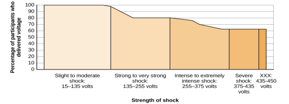 A graph shows the voltage of shock given on the x-axis, and the percentage of participants who delivered voltage on the y-axis. All or nearly all participants delivered slight to moderate shock (15–135 volts); with strong to very strong shock (135–255 volts), the participation percentage dropped to about 80%; with intense to extremely intense shock (255–375 volts), the participation percentage dropped to about 65%; the participation percentage remained at about 65% for severe shock (375–435 volts) and XXX (435–450 volts).