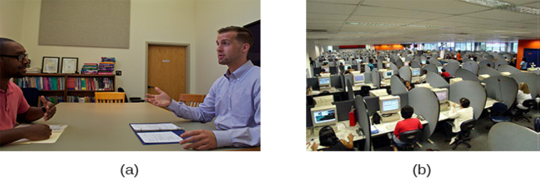 Photograph A shows two people sitting across from one another and conversing. Photograph B shows a room full of people sitting in front of computers.