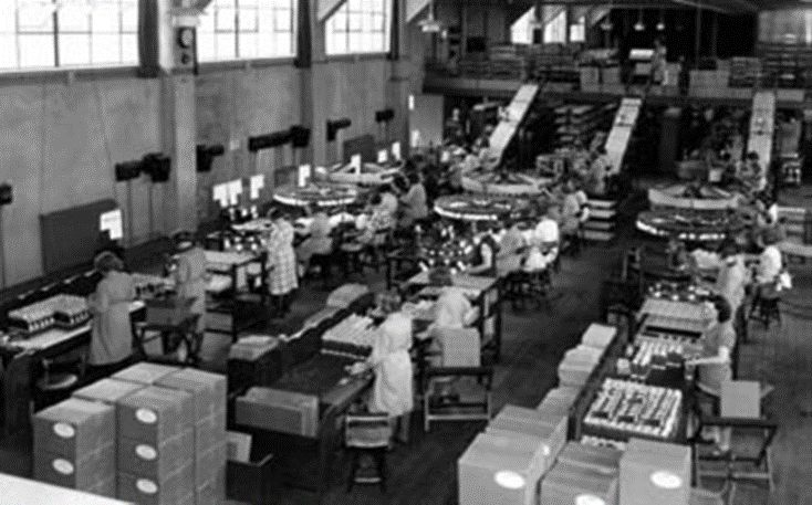 A photograph shows a warehouse full of people working with machines along assembly lines.