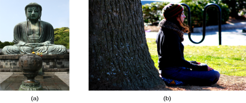 Photograph A shows a statue of Buddha with eyes closed and legs crisscrossed. Photograph B shows a person in a similar position.