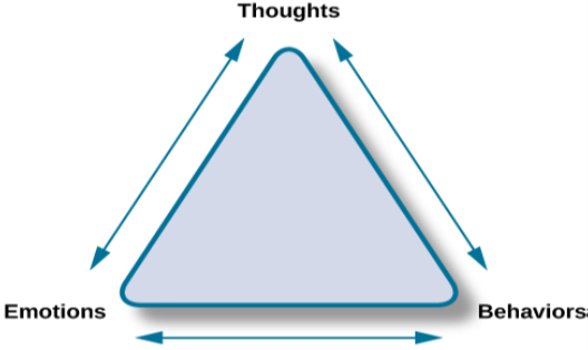 The points of an equilateral triangle are labeled “thoughts,” “behaviors,” and “emotions.” There are arrows running along the sides of the triangle with points on both ends, pointing to the labels.