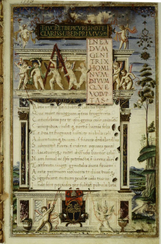 Image 14. Exploratio 7. Lucretius, De Rerum Natura, Manuscript. Vat. Lat. 1569 fol. 1 recto. 1483. Wikimedia Commons. Figure 14