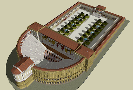 Image 15. Exploratio 7. A reconstruction of the Theatrum Pompeī and the enclosed hortī or ‘gardens’ that were connected to it. Image of a 3D, computer-generated image of the Theater of Pompey by the model-maker, Lasha Tshkondia. Wikimedia Commons. Figure 15