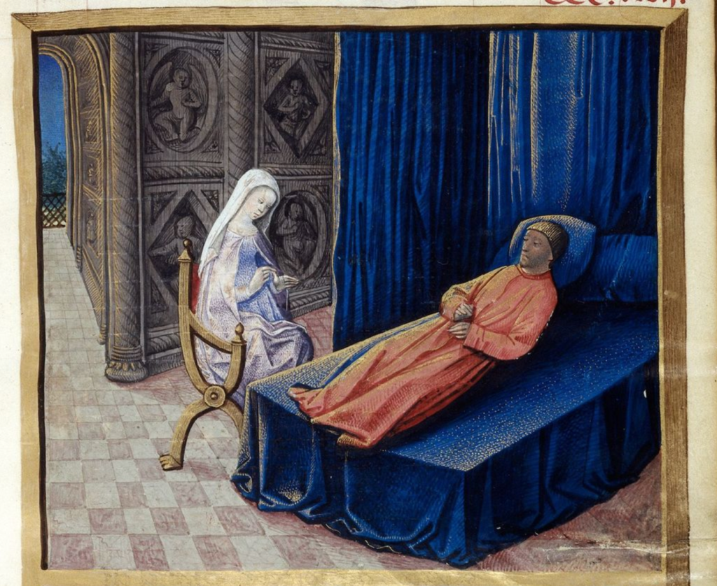 "Domina Philosophia Boēthium iacentem adloquitur"; Lady Philosophy addresses Boethius as he lies down. From a miniature illustration to the Consolation of Philosophy that accompanied a popular French translation of the work, created in 1477.