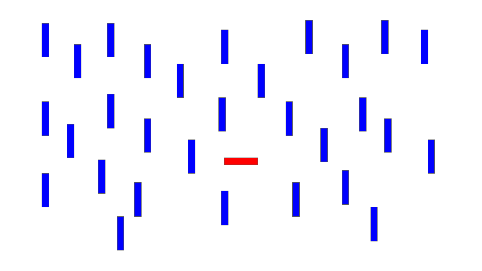 Figure 12.2.1 Saliency map. The red bar with ‘unique’ color and orientation naturally attracts our attention. (Credit: Jiwon Park, own picture. CC-BY-4.0.)