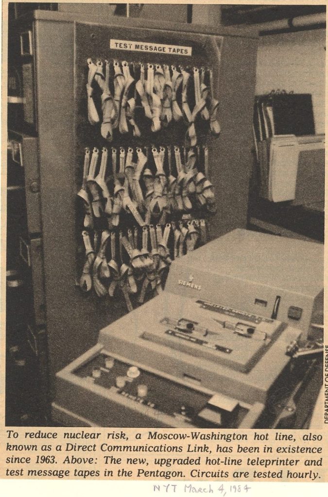 Test message tapes from Moscow-Washington hot line functioning to reduce nuclear risk.