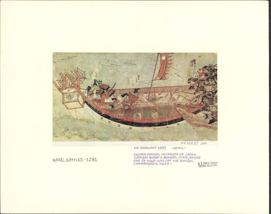 Painting depicting a naval battle scene in between Mongols and Japanese.