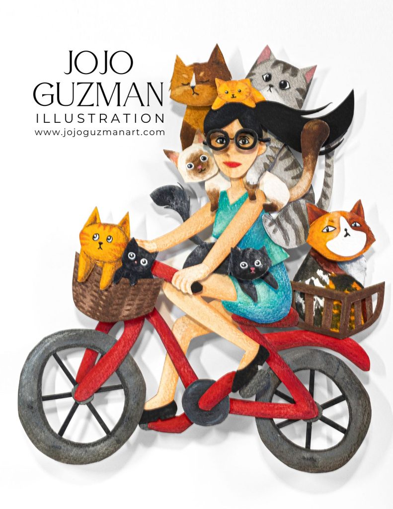 Completed postcard of girl riding bike with cats, including contact info of the artist