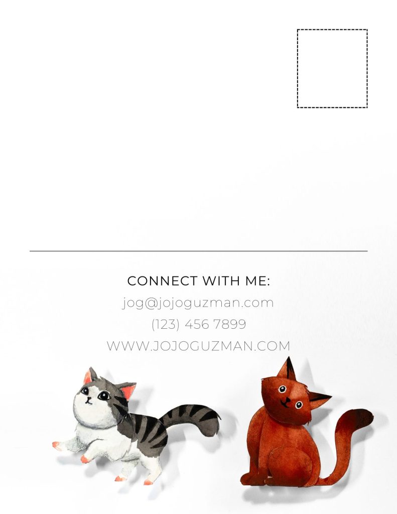 Back of postcard with two cats and artist contact information