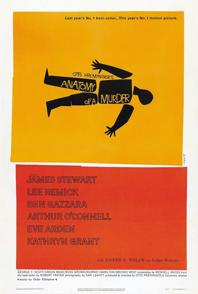 Saul Bass, Anatomy of a Murder poster with black cut out body against a yellow and red background