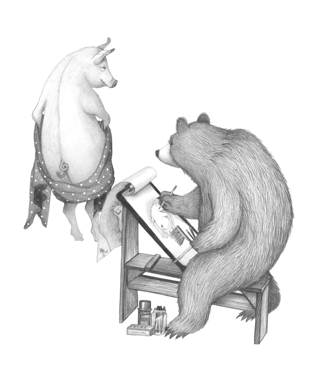 A pencil drawing of a bear drawing a pig