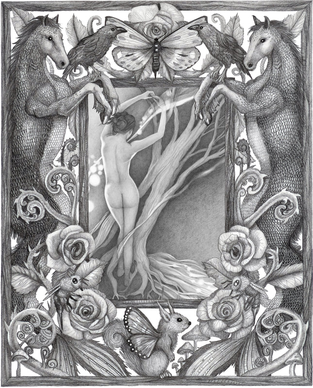A pencil drawing of Daphne from myth with a decorative border of fictive animals