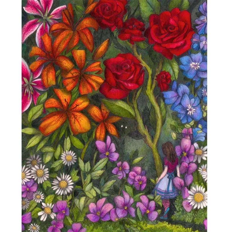 Colored pencil and pencil drawing of Alice in Wonderland