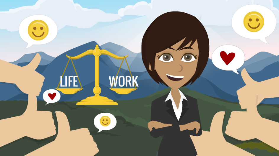 A smiling woman in a business suit is in the foreground with her arms crossed. All around her are hands showing a thumbs-up sign.  To her right is a balanced scale with the words Life and Work on each side.