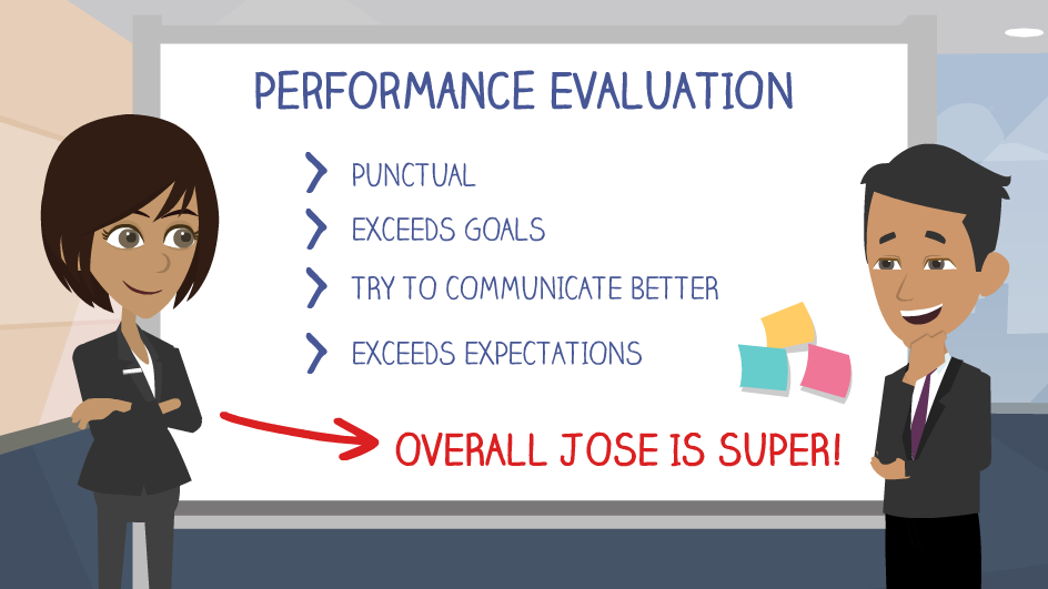 A man and woman in business suits stand in the foreground on either end of the image. Behind them is a large slide “Performance Evaluation: Punctual, Exceeds Goals, Try to Communicate Better, Exceeds Expectations. Overall Jose is Super!”